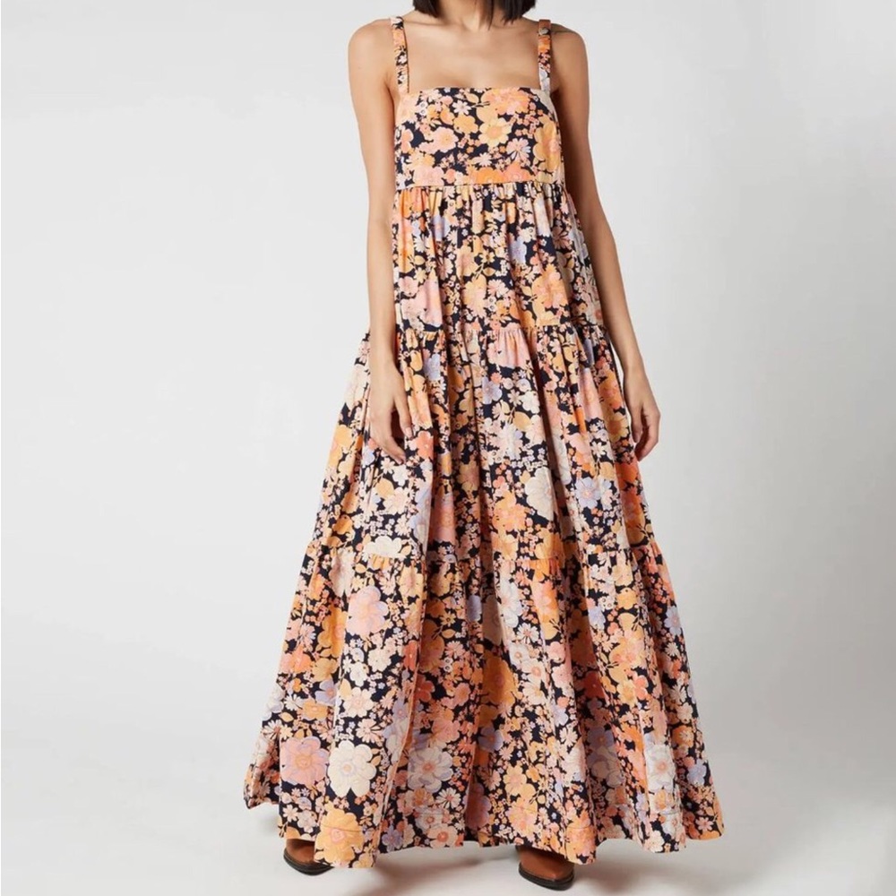 $179 Free People Backless Navy/Orange Floral Park Slope Maxi Dress Pockets